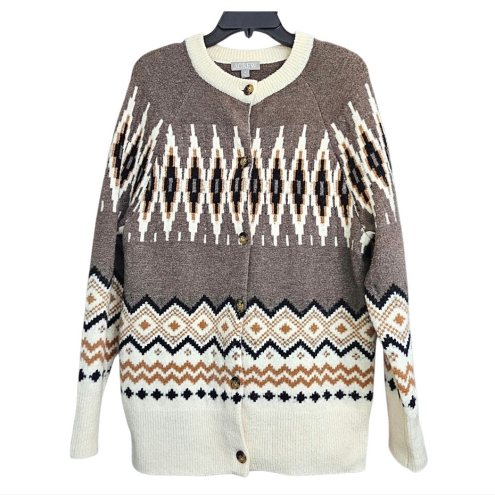 J Crew Merino Wool Alpaca Blend Fair Isle Eclectic Grandpa Cardigan Sweater Med - Picture 2 of 7